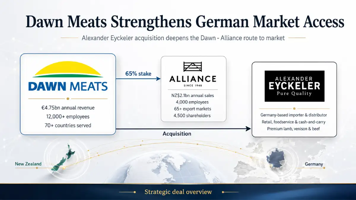 Corporate deal graphic showing Dawn Meats, Alliance and Alexander Eyckeler in a strategic acquisition structure linking New Zealand red meat supply with the German market.