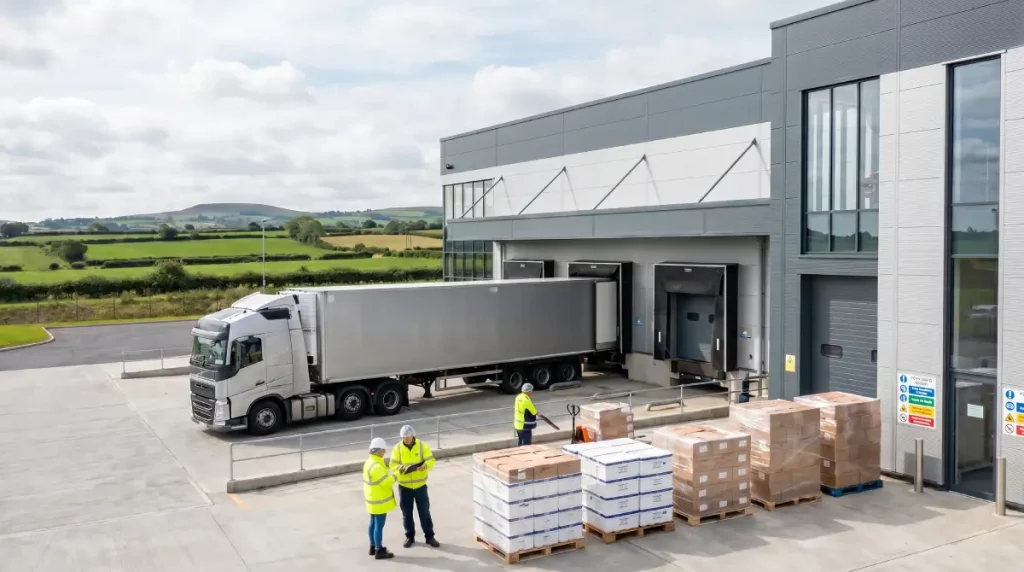 Illustrative editorial image of a modern red meat processing and chilled logistics facility with loading bays, refrigerated transport and staff supervising dispatch operations.
