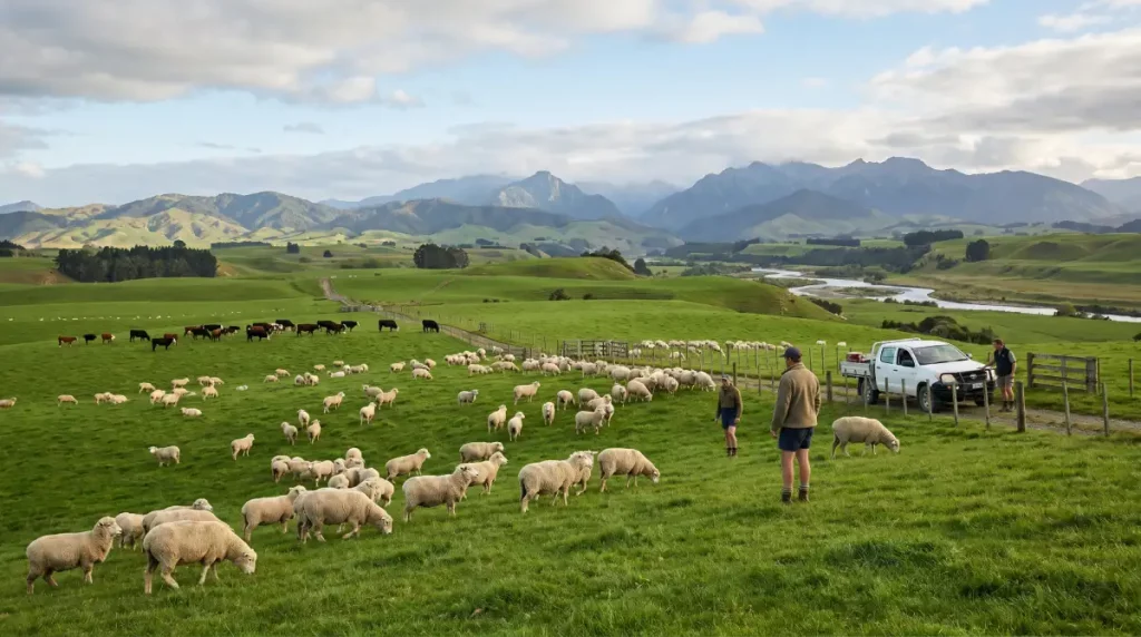 Illustrative editorial image of sheep and cattle grazing on New Zealand pasture, representing grass-fed red meat supply and large-scale livestock production.