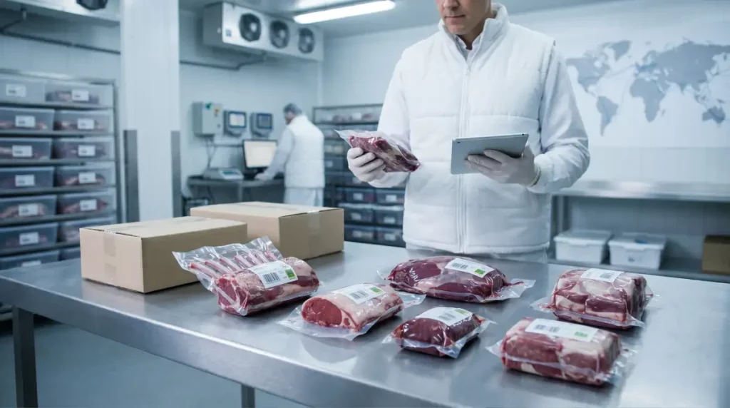 Illustrative editorial image of premium sealed lamb and venison cuts in a chilled product inspection setting, showing cold-chain handling and quality control for specialist meat distribution.